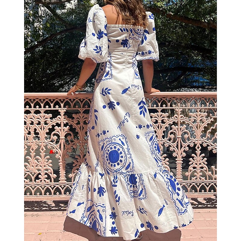 Women's Long Dress Maxi Dress Casual Dress Summer Dress Boho Dress Fashion Lantern Sleeve Outdoor Holiday Date Regular Fit Geometric Short Sleeve Off Shoulder Blue Orange Summer Spring2