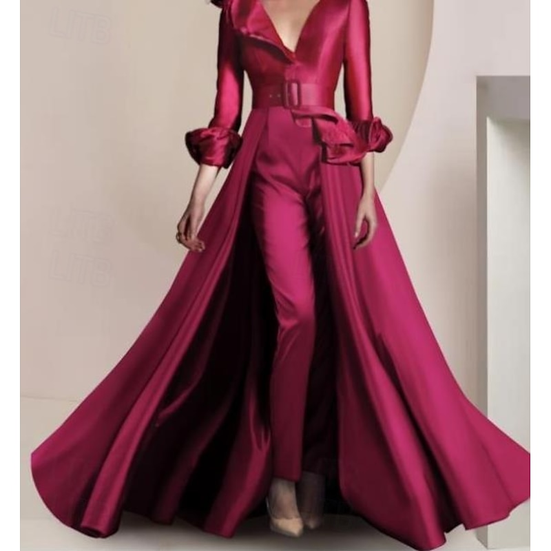 Two Piece Jumpsuit / Pantsuit Mother of the Bride  Formal Wedding Guest Elegant Party V Neck Ankle Length Satin 3/4 Length Sleeve with Feather Sash / Ribbon free custom size3