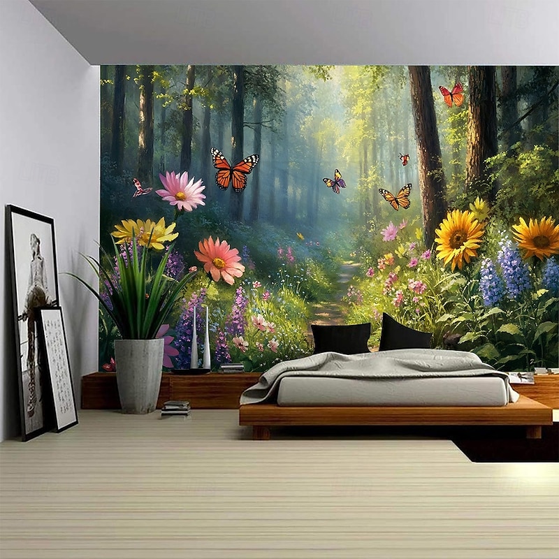 A forest plant flower butterfly path landscape hanging tapestry mural art large tapestry mural decoration photo background carpet curtain home bedroom living room decoration3