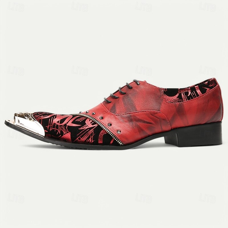 Men's Premium Red Leather Dress Shoes with Gold Tip Artistic Print and Studded Detail–Stylish Formal Footwear for Special Occasions4
