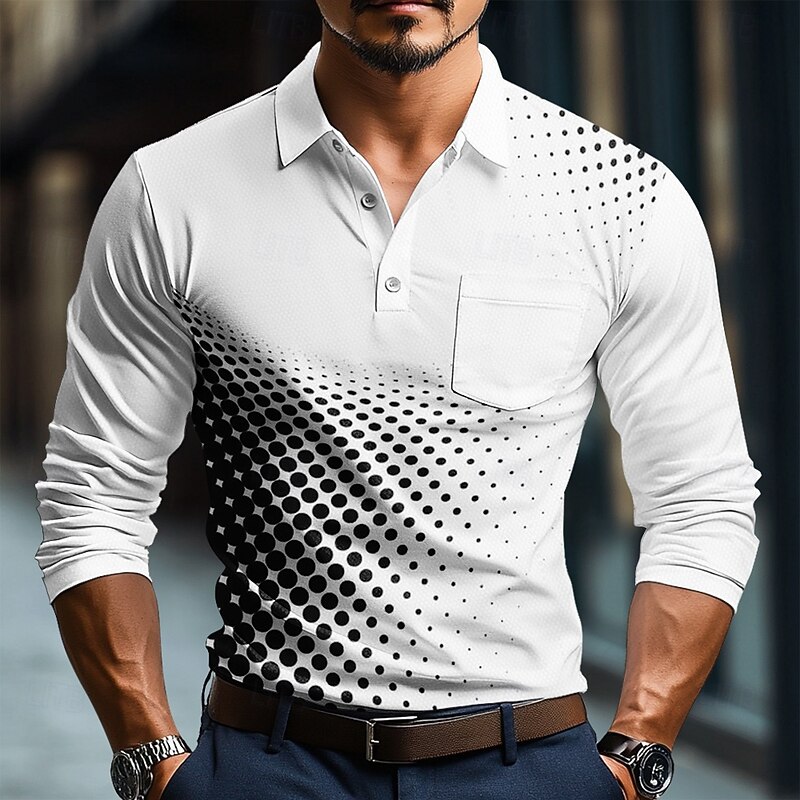 Men's Geometric Polo Long Sleeve Polo Shirts Collared Shirts Business Casual Business Athleisure Daily Wear Buttons 3D Print Spring Fall Winter White Blue Brown