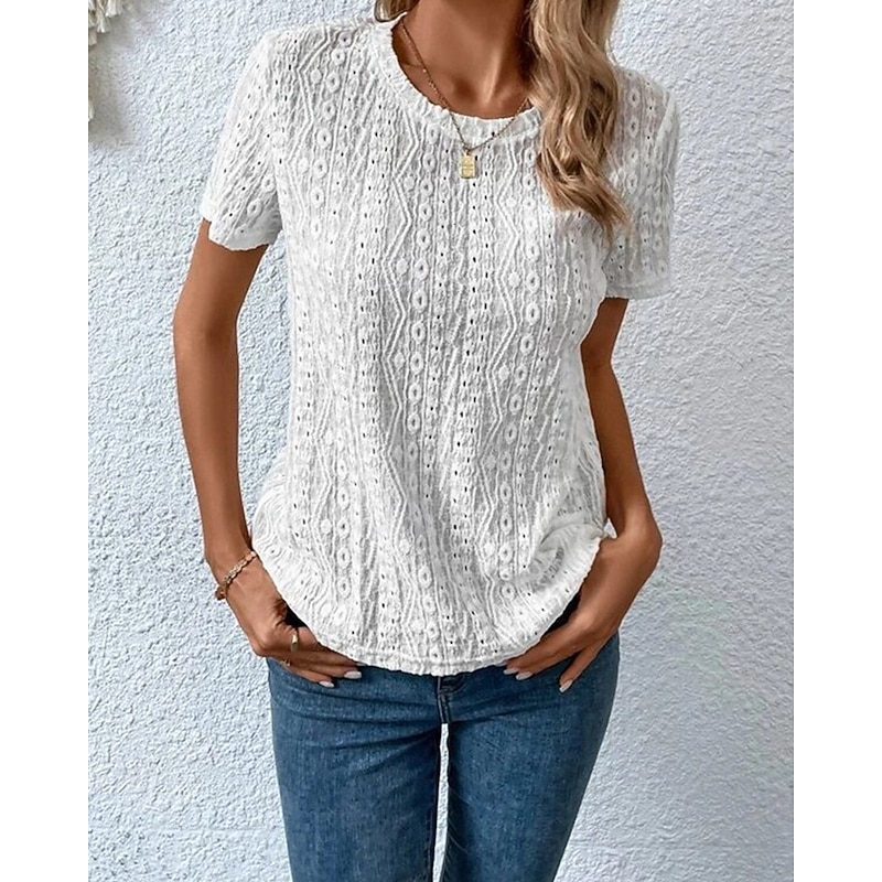 Women's Blouse Eyelet top Lace Tops Plain Daily Stylish Basic Short Sleeve Crew Neck Regular Tops Work Daily Holiday Hollow Out Black White Orange Summer Spring3