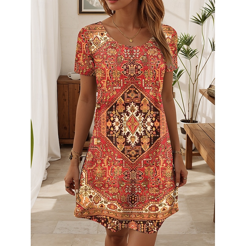 Women's Mini Dress Casual Dress Casual Daily Regular Fit Graphic Paisley Short Sleeve Crew Neck Orange Summer2