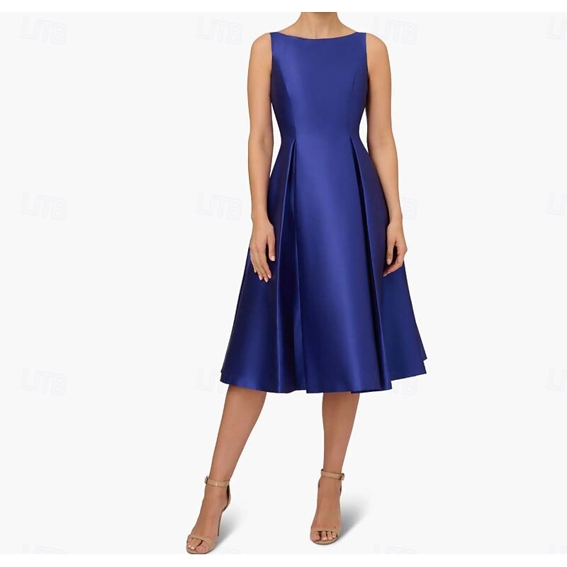 A-Line Cocktail Dresses Elegant Dress Formal Evening Party Tea Length Sleeveless Boat Neck Pocket Satin with Pleats Dresses3