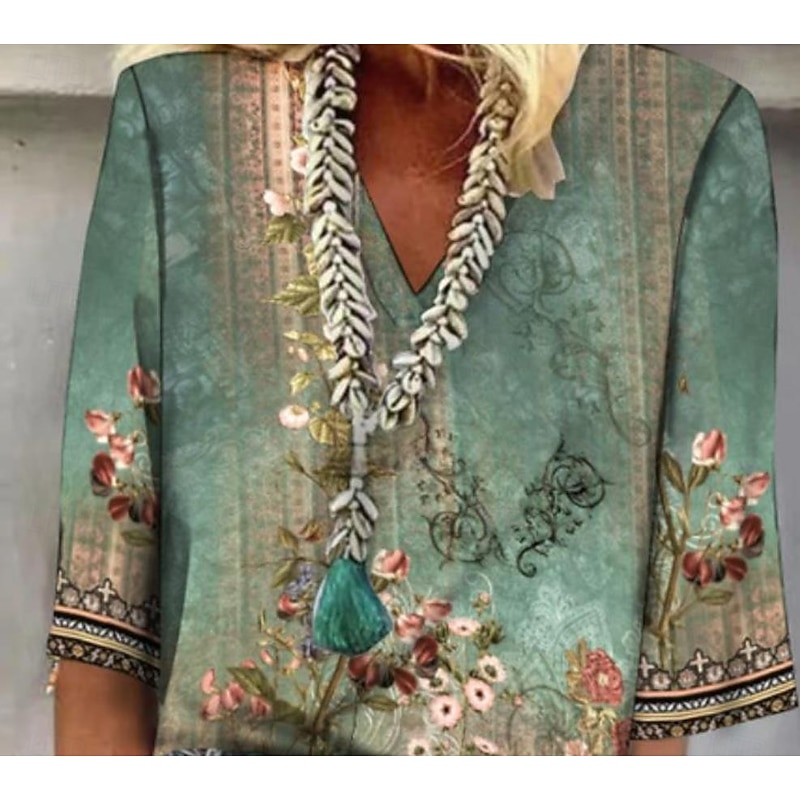 Women's Shirt Button Down Blouse Floral Daily Basic 3/4 Length Sleeve V Neck Regular Tops Daily Print Green Summer Spring2