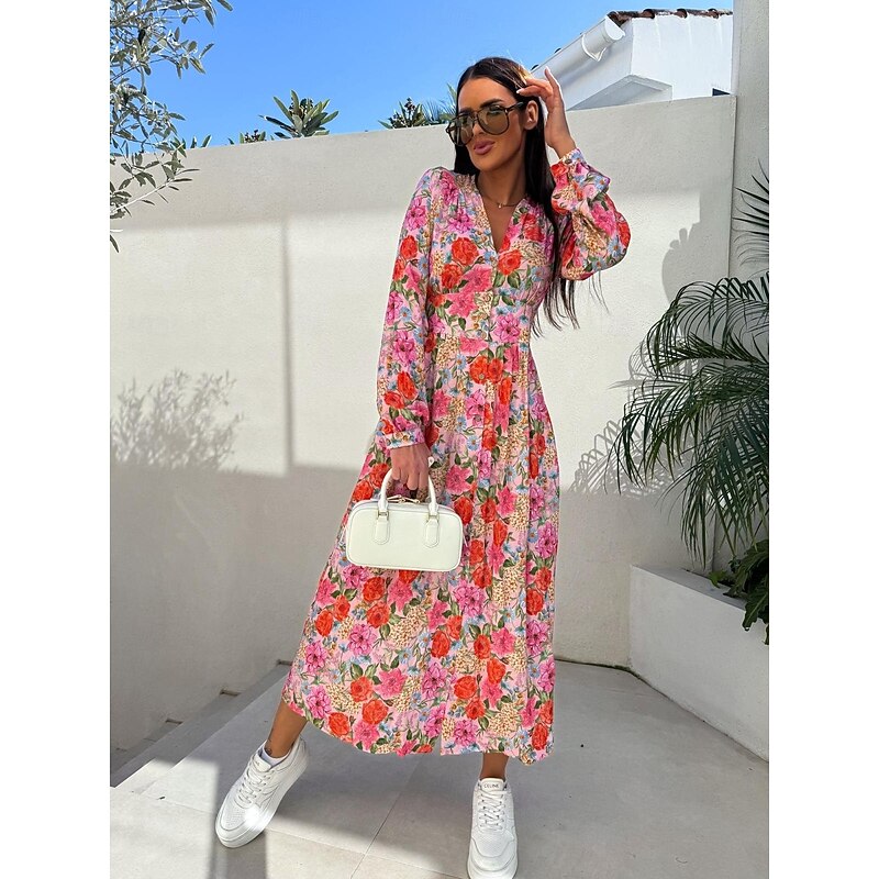 Women's Long Dress Maxi Dress Maxi Dress Floral Dress Elegant Regular Fit Floral Long Sleeve V Neck Pink Red Blue Fall3
