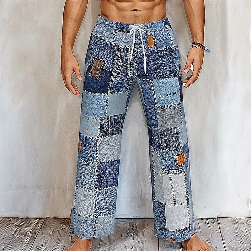 Men's Geometric Color Block Patchwork Trousers Baggy Pants Casual Pants Mid Waist Vintage Retro Outdoor Vacation Streetwear Drawstring Elastic Waist Wide Leg Summer Spring 3D Print Blue