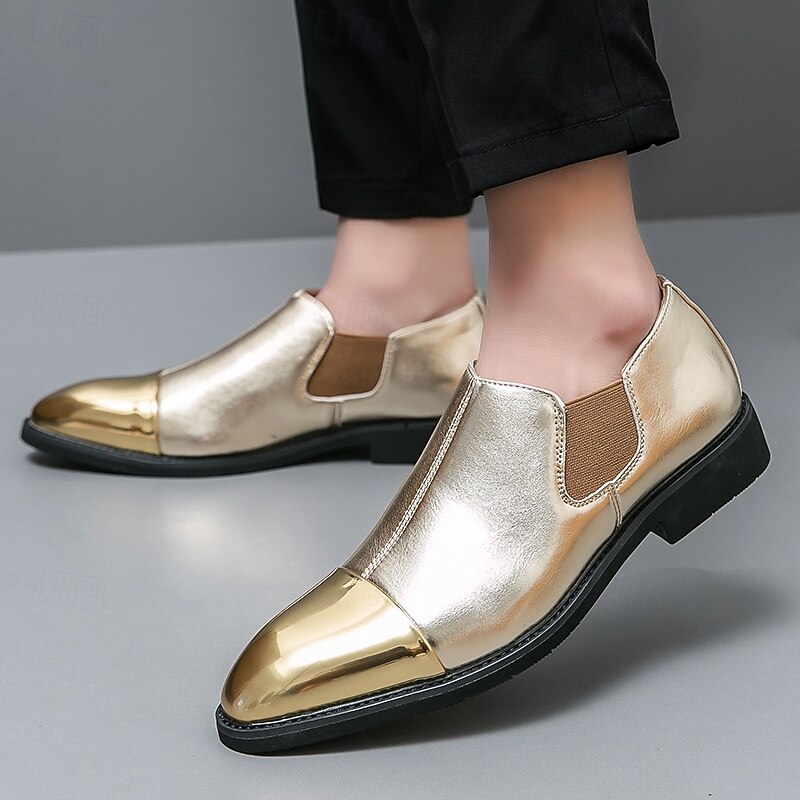 Men's Metallic Gold and Silver Slip-On Shoes with Pointed Toe and Elastic Sides – Stylish Dress Shoes for Formal Occasions3