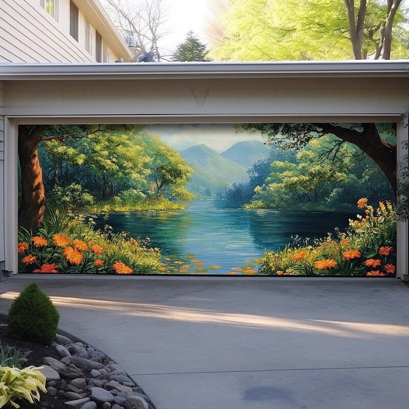 Landscape Door Decorations Garage Door Cover Spring Lake Outdoor Banner Large Backdrop for Holiday Outdoor Garage Door Home Wall Decorations