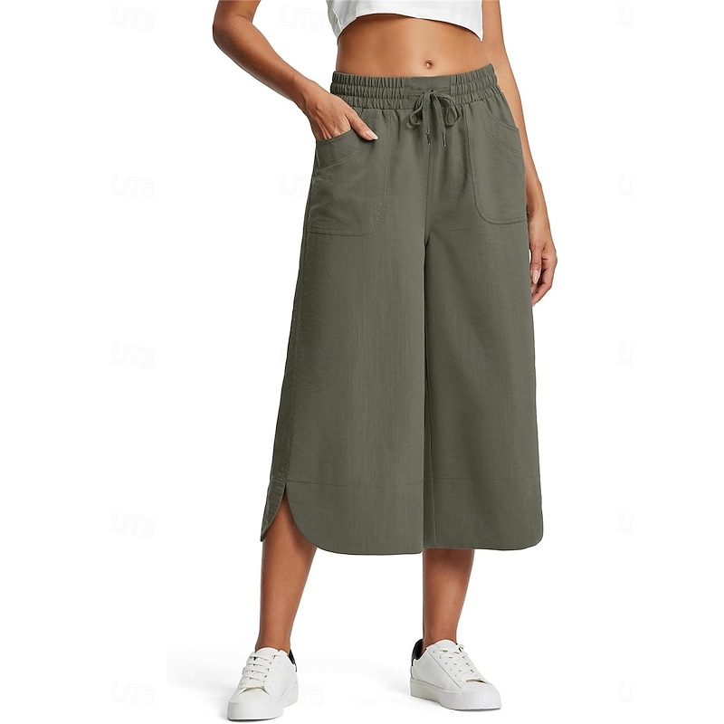 Women's Wide Leg Chinos Fashion Streetwear Calf-Length High Waist Plain Pocket Elastic Waistband Comfy Soft Comfortable Micro-elastic Outdoor Street Navy-blue Army Green Black Blue Summer Spring