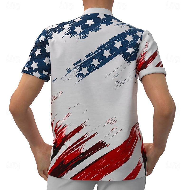 Men's American US Flag Shirt Button Down Shirt Short Sleeve Fashion Casual Vacation Streetwear Beach Wear Summer Spring Standing Collar Henley Collar White2