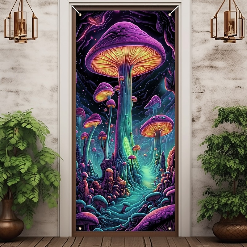 Blacklight Door Decorations Door Covers Glow in the Dark Landscape Mushroom Door Tapestry Door Curtain Decoration Backdrop Indoor/Outdoor Door Banner for Front Door Farmhouse