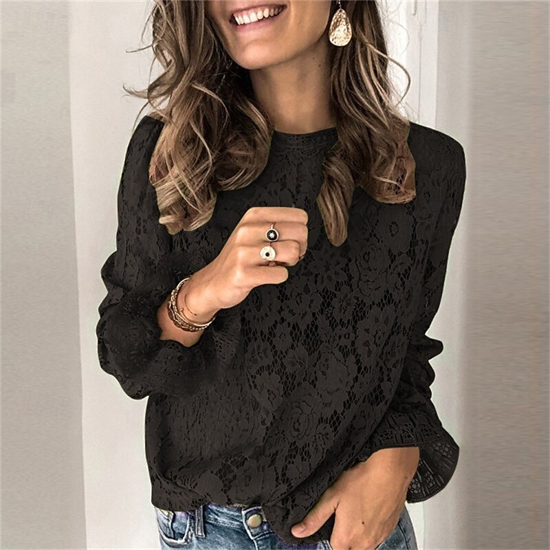 Women's Blouse Lace Tops Plain Daily Stylish Basic Long Sleeve Crew Neck Regular Tops Work Daily Holiday Lace Black Brown Green Spring Fall3