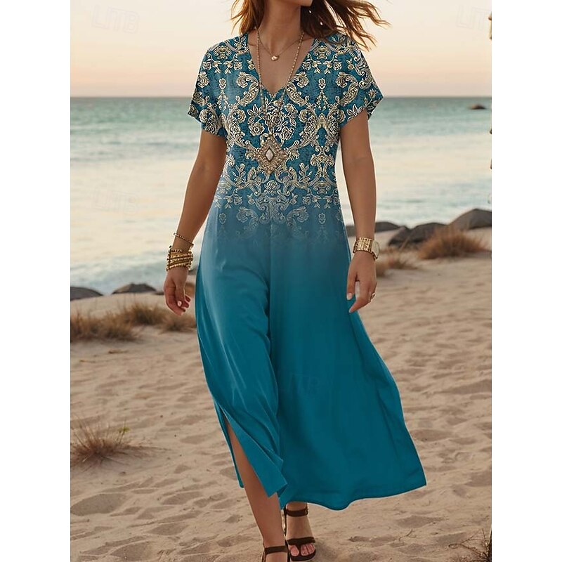 Women's Maxi Dress Casual Dress A Line Dress Stylish Casual Vacation Daily Regular Fit Floral Vintage Short Sleeve V Neck Light Green Blue Purple Dark Blue Summer Spring2