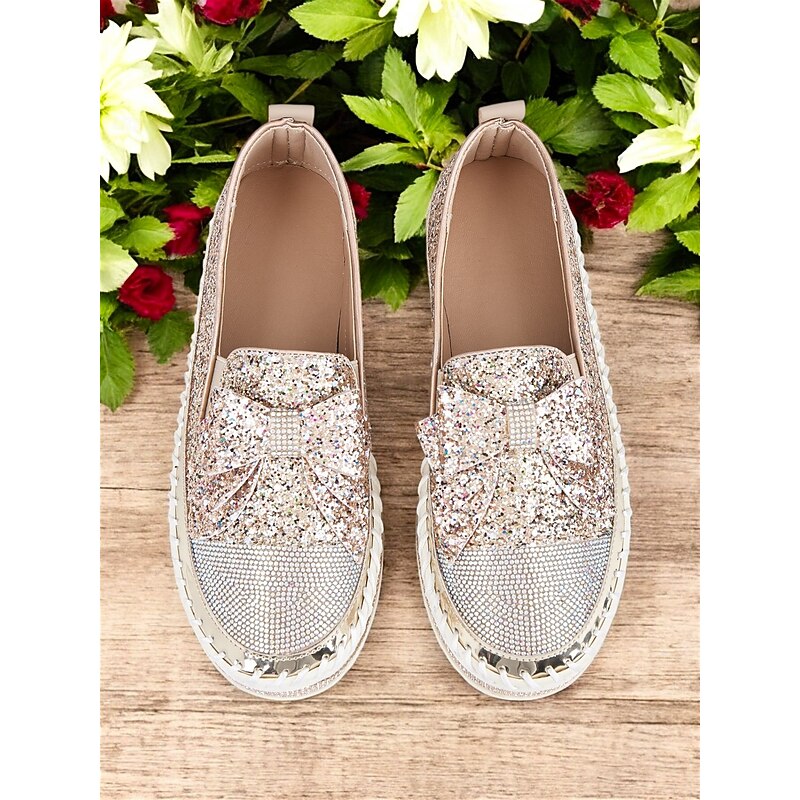 Sparkling Rhinestone Loafers for Women – Glittery Slip-On Flats with Bow Design for Weddings, Parties, and Special Occasions3