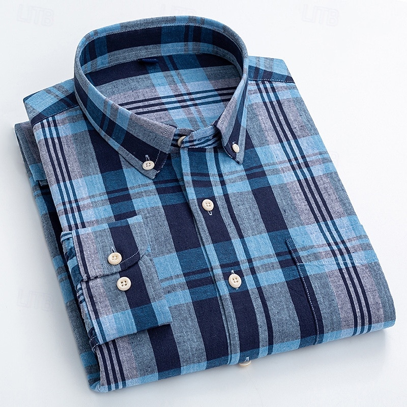 Men's Linen Shirt Dress Shirt Button Down Shirt Wrinkle Resistant Plaid Shirt Plain Wedding Outdoor Light Blue White Navy Blue Brown Long Sleeve Summer Spring Clothing Apparel