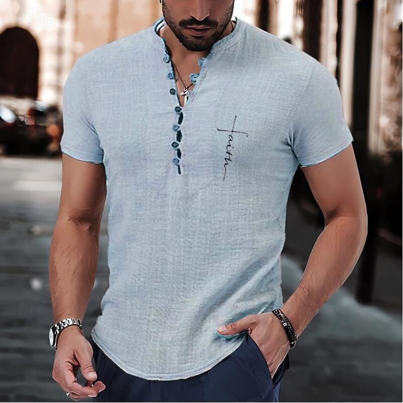 Men's Shirt Popover Shirt Summer Shirt Casual Shirt Button Up Shirt Light Green Purple khaki Light Grey Light Blue Short Sleeve Faith Solid / Plain Color Band Collar Henley Vacation Hawaiian Buckle2