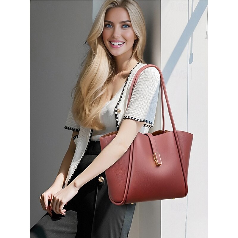 Women's Green Faux Leather Tote Bag, Simple Design, Gold Buckle Decoration - Stylish and Practical Tote Bag for Work, Shopping and Daily Use Black White Red2