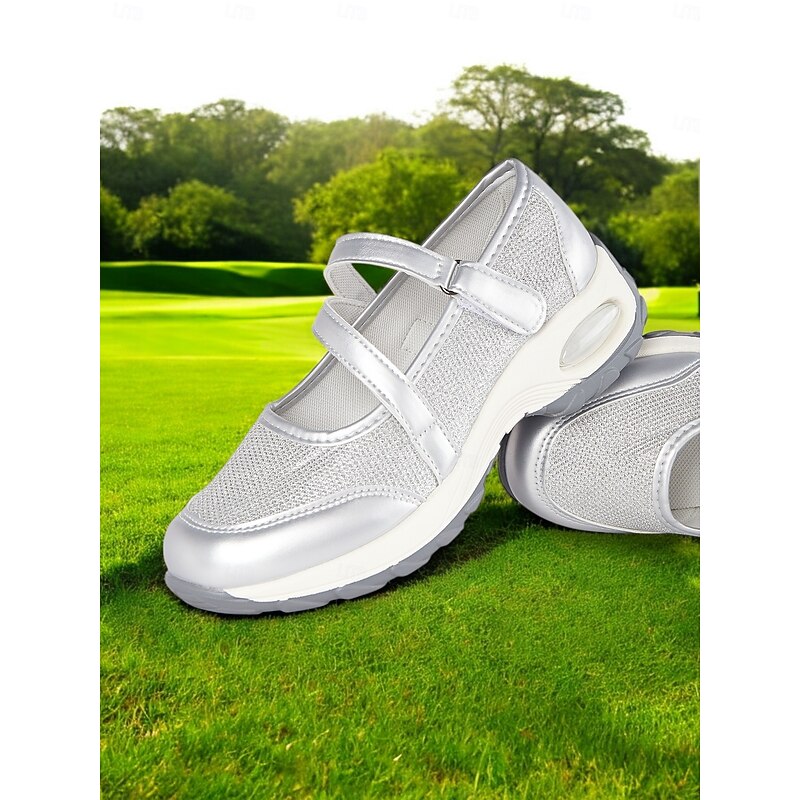 Silver Sports Sneakers for Women – Lightweight Slip-On Shoes with Secure Straps, Great for Active Days, Walks and Casual Sportswear