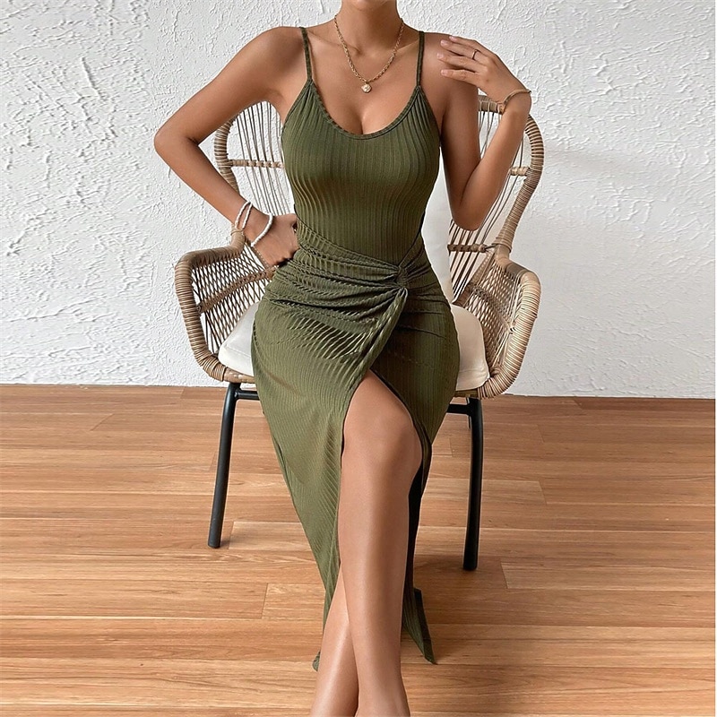 Women's Long Dress Maxi Dress Casual Dress Summer Dress Slip Dress Fashion Outdoor Party Holiday Regular Fit Plain Sleeveless Spaghetti Strap Army Green Summer Spring4