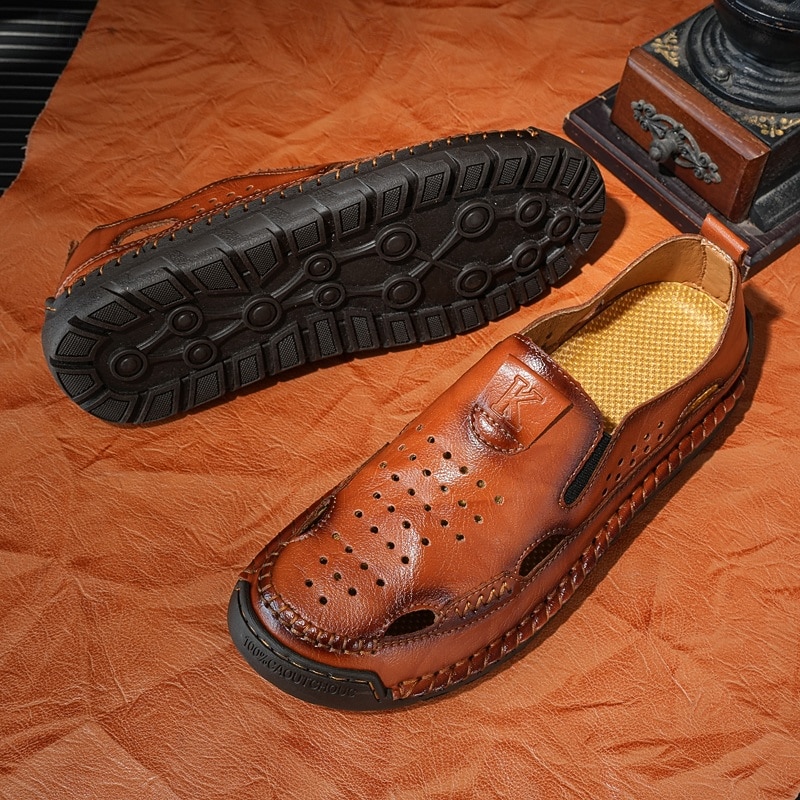 Men's Brown Leather Slip-On Sandals with Perforated Detailing and Stretch Panels – Comfortable and Stylish for Casual Wear, Outdoor and Summer Activities3