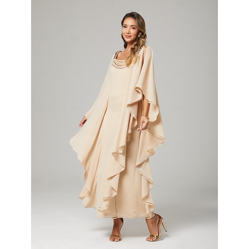Sheath / Column Mother of the Bride Dress Wedding Guest Elegant Plus Size Crew Neck Floor Length Chiffon Half Sleeve with Beading Cascading Ruffles4