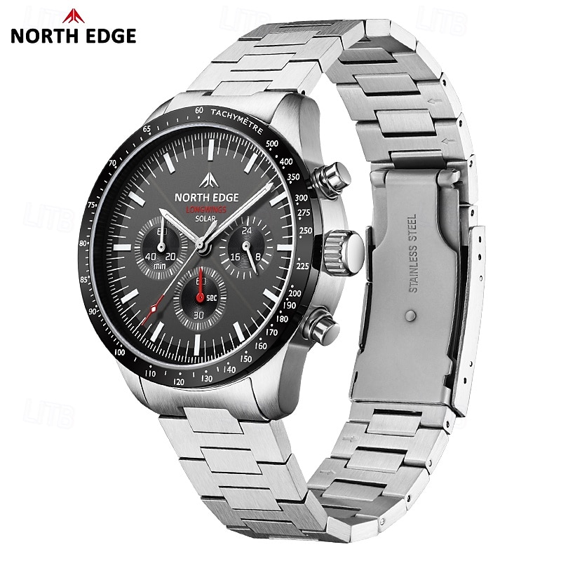 NORTH EDGE Men Quartz Watch Solar Powered Stopwatch Waterproof 50M 316 Full Stainless Steel Luminous Pilot Watch