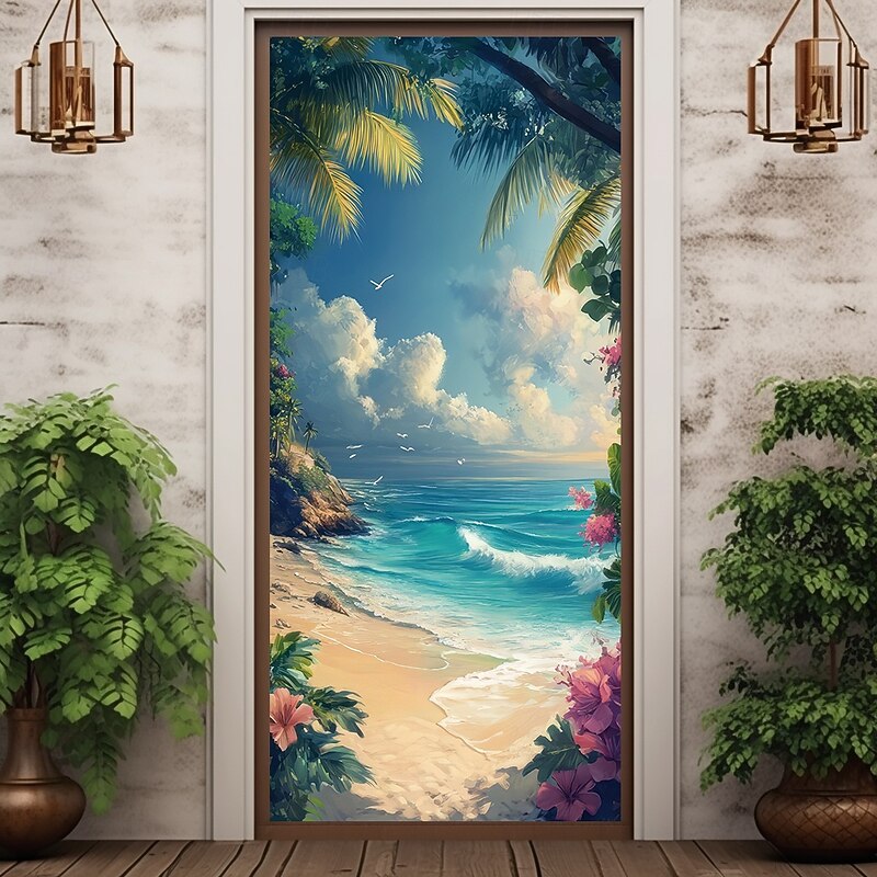 Landscape Door Decorations Door Covers Ocean Beach Door Tapestry Door Curtain Decoration Backdrop Indoor/Outdoor Door Banner for Front Door Farmhouse