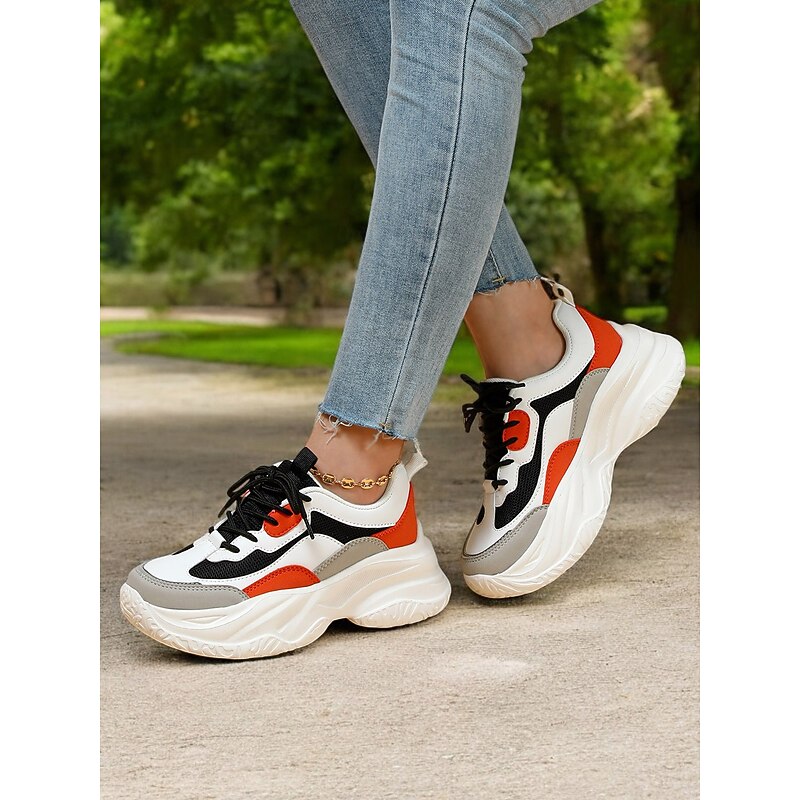Women's Chunky Dad Sneakers – White & Orange Fashion Platform Running Shoes for Casual, Streetwear & Athletic Style3