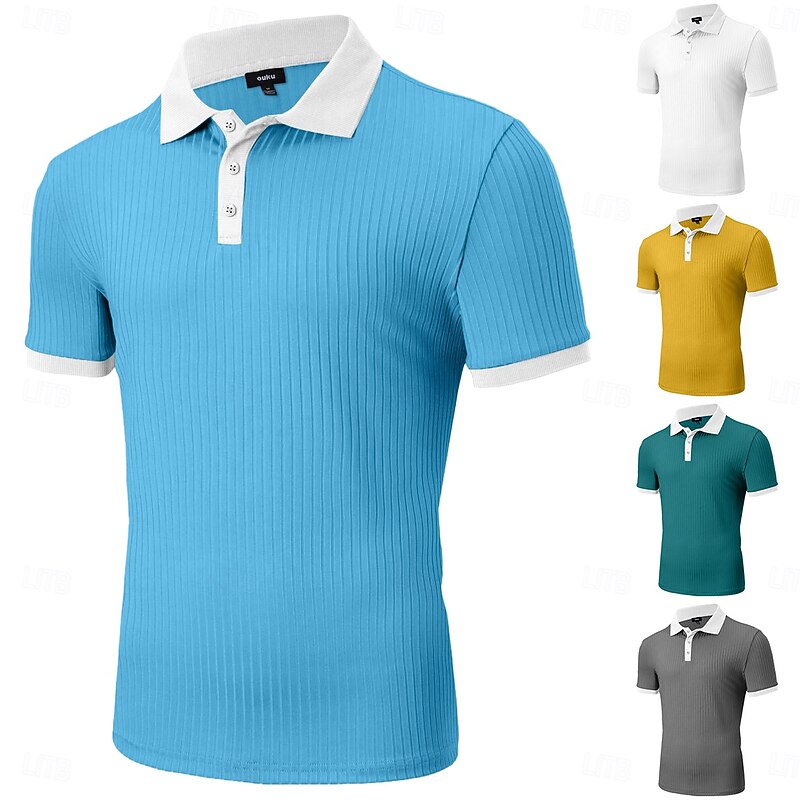 Men's Rib Knit Top Muscle Shirt Work Casual Cuban Collar Ribbed Polo Collar Short Sleeve Vacation Basic Color Block Ribbed Spring & Summer Slim Fit White Yellow Green Dark Gray Light Blue Rib Knit Top
