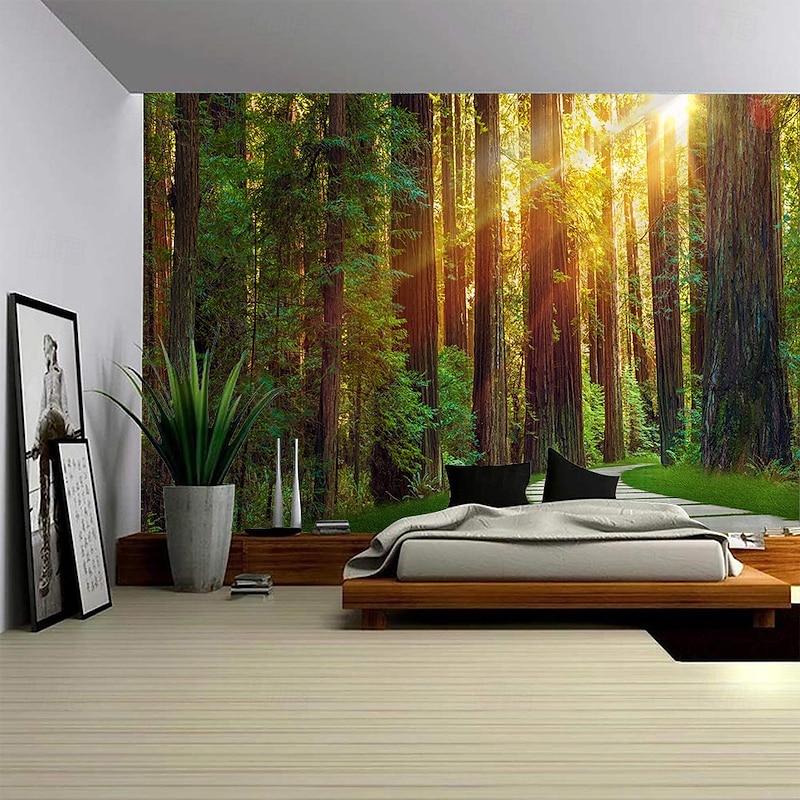 A forest landscape hanging tapestry mural art large-scale tapestry mural decoration photo background blanket curtain home bedroom living room decoration