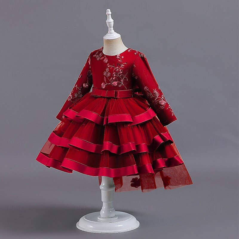 Kids Girls' Party Dress Solid Color Long Sleeve Special Occasion Princess Polyester Party Dress Spring Fall 3-12 Years White Pink Wine2