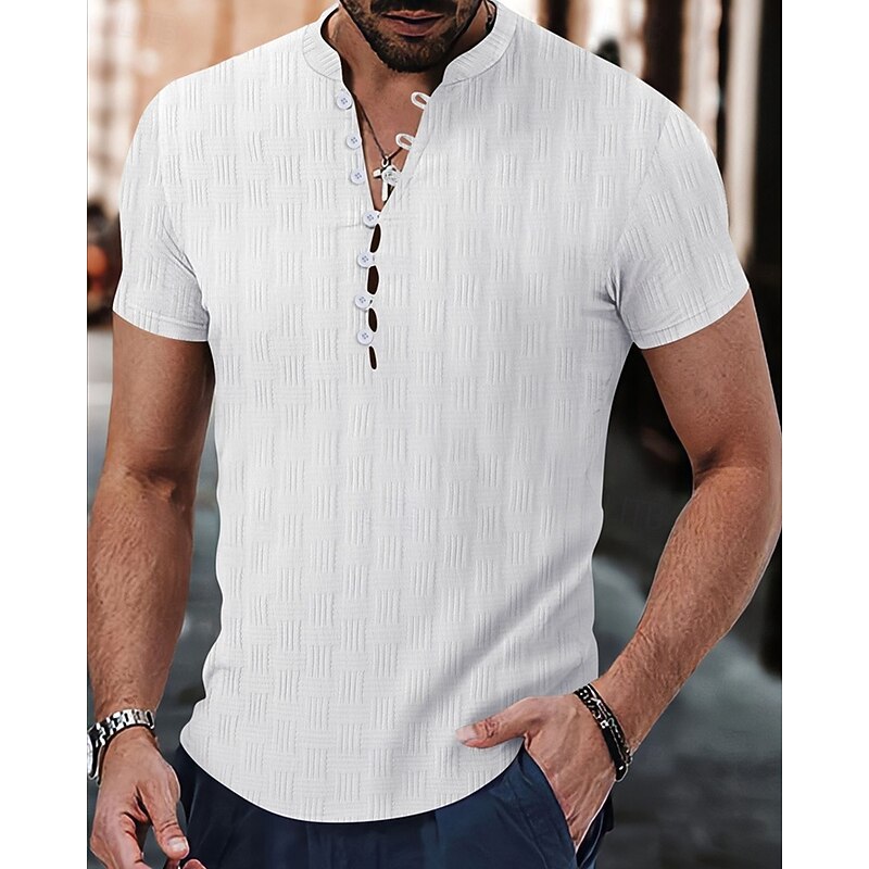 Men's Shirt Popover Shirt Summer Shirt Casual Shirt Beach Shirt Black White Pink Blue Beige Short Sleeve Plain Band Collar Vacation Hawaiian Jacquard Clothing Apparel Fashion Casual Comfortable