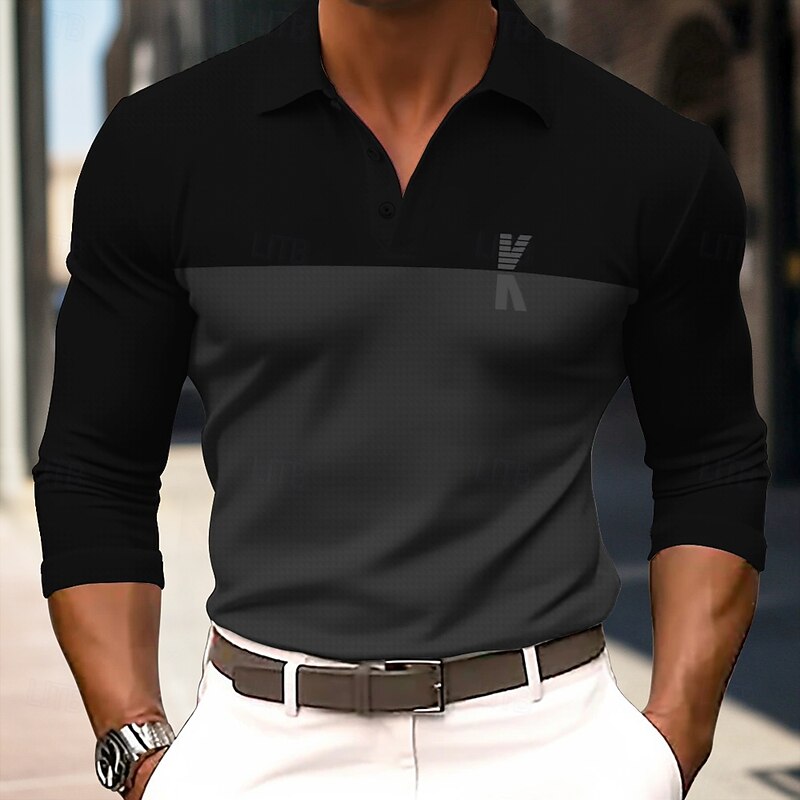 Men's Letter Polo Long Sleeve Polo Shirts Collared Shirts Business Casual School Athleisure Daily Wear 3D Print Spring Fall Winter Dark Brown Light Grey Dark Gray
