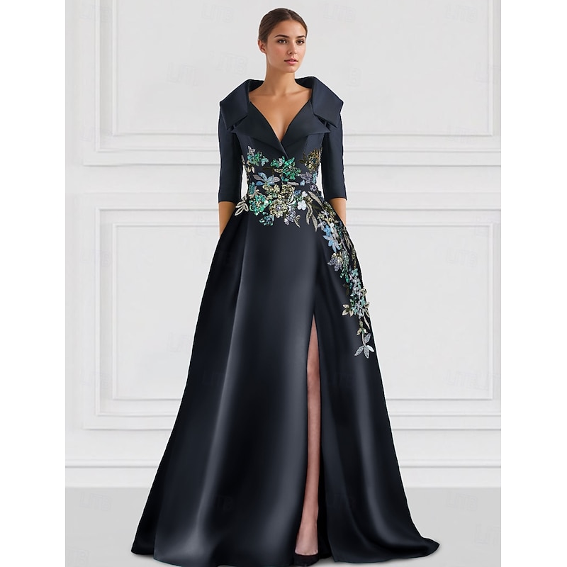 Floral A-Line Evening Gown Embroidered Elegant Dress Formal Wedding Floor Length Half Sleeve Shirt Collar Satin with Slit