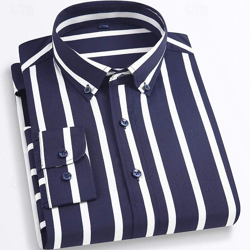 Men's Shirt Dress Shirt Button Up Shirt Stripes Wedding Party Navy blue+white Black White Yellow Long Sleeve Lapel Spring Fall Clothing Apparel Pocket3