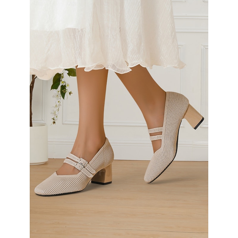 Breathable Fly-knit Mary Jane Pumps with Double Buckle Detail and Chunky Heel, Elegant Style for Women, Ideal for Work, Events and Formal Occasions