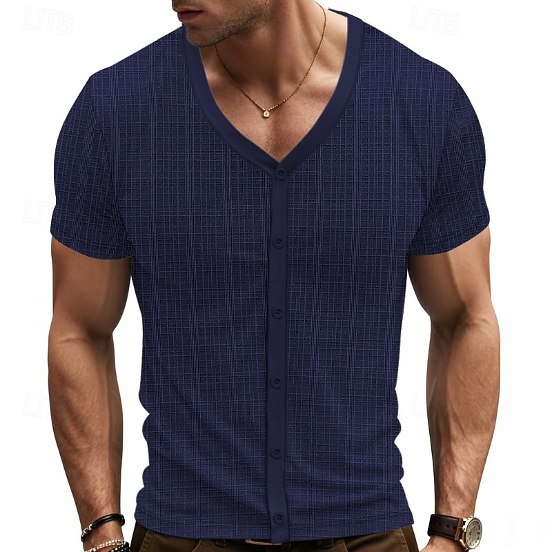 Men's Tee Short Sleeve Shirt Tee Top Short Sleeve V Neck Spring &  Fall Plain Fashion Designer Buckle Vacation Street Going out Navy Black White Top Tee for Men2