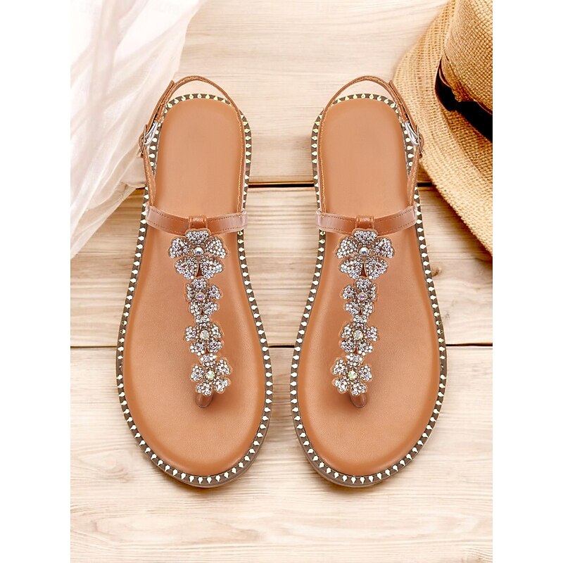 Women's Tan Rhinestone Flower Thong Sandals with Studded Edging – Elegant Flat Sandals for Summer, Beach, and Casual Occasions2