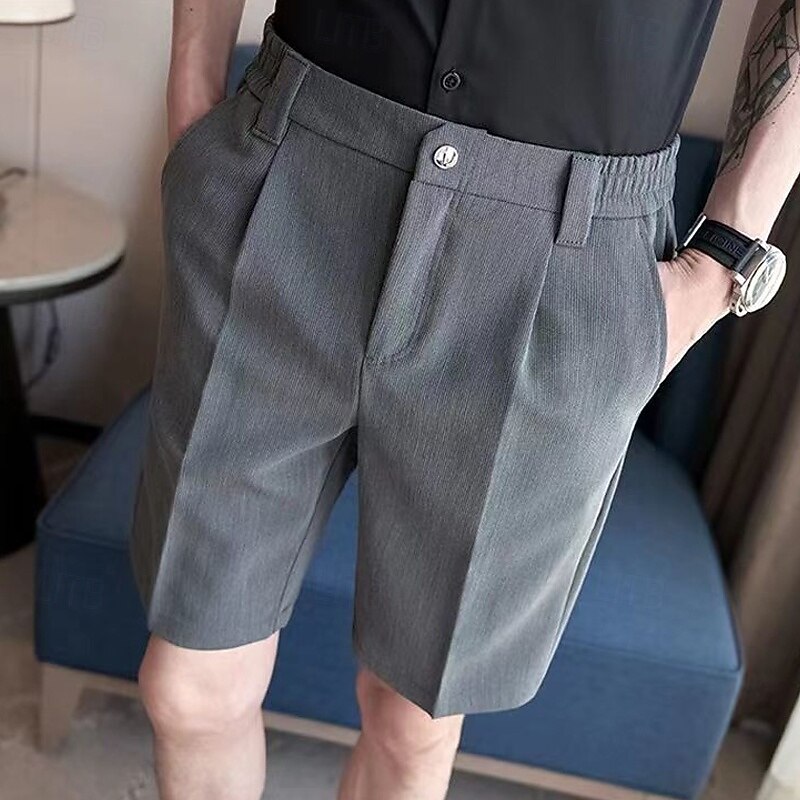 Men's Shorts Dress Shorts Pocket Elastic Waist Straight Leg Plain Comfort No-Iron Knee Length Office Business Daily Fashion Streetwear Black Khaki2