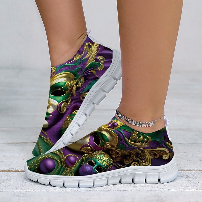 Vibrant Women's Slip-On Athletic Shoes with Carnival Mask Design, Ideal for Festive Occasions, Parades, and Casual Wear3