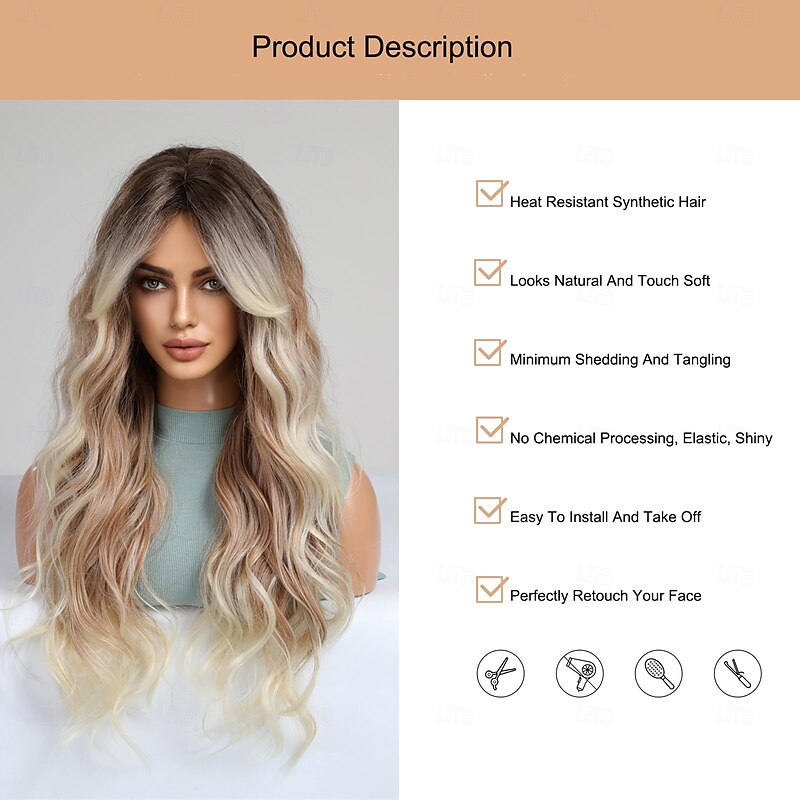Wavy Wig With Bangs For Women Highlight Wig Natural Looking Heat Resistant Premium Fiber Synthetic Wig For Daily Party Cosplay Costume4