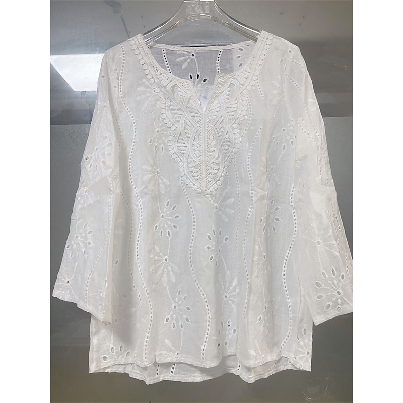 Women's Blouse Solid Color Elegant Stylish Casual Long Sleeve V Neck Regular Tops Work Daily Holiday Lace Embroidered White Spring Fall4