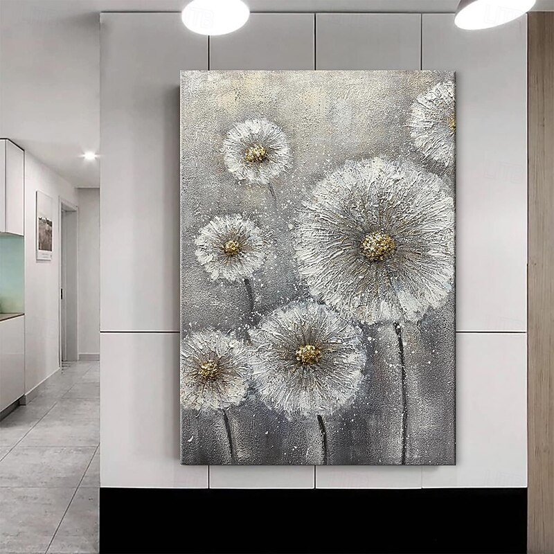 Handmade Oil Painting Canvas Acrylic Wall Art Decoration Abstract Gray Texture Dandelion Flowers for Living Room Home Decor Rolled Frameless Unstretched Painting2