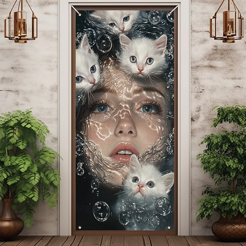 Girl Cats Door Decorations Door Covers Door Tapestry Door Curtain Decoration Backdrop Indoor/Outdoor Door Banner for Front Door Farmhouse