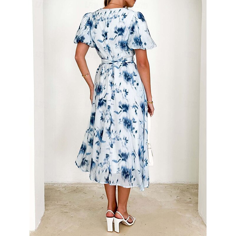 Retro Vintage 1950s Midi Dress Wrap Dress Flare Dress Puff Sleeve Floral A-Line V Neck Fancy Dress Women's Masquerade Wedding Vacation Tea Party Adults' Dress2