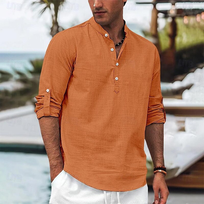 Men's Shirt Linen Shirt Popover Shirt Summer Shirt Beach Wear Plain Vacation Curise Black White Orange Long Sleeve Band Collar Spring & Summer Clothing Apparel