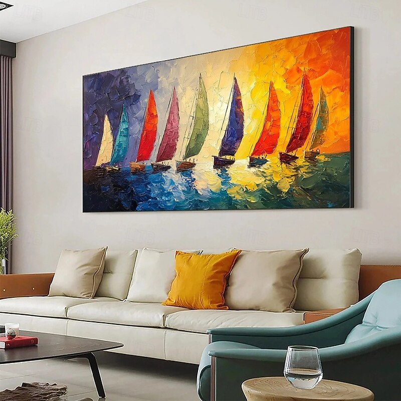 Light Blue Ocean Seascape Sailboat oil painting hand painted  Wall Art Abstract Beach Seascape Painting On Canvas Living room wall painting Huge Extra Large Wall Art painting Decor3