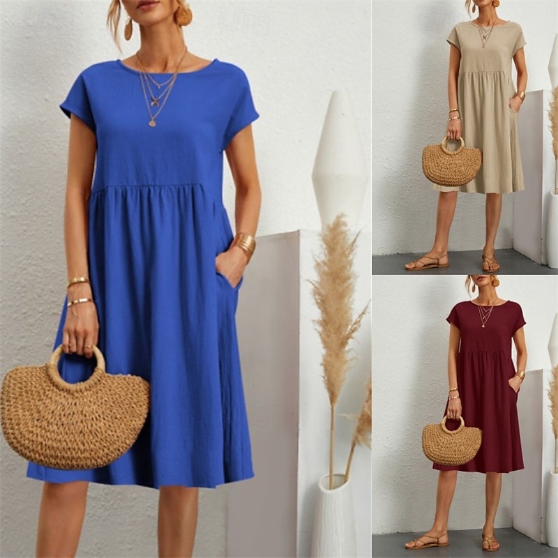 Women's Long Dress Maxi Dress Linen-Inspired Dresses Casual Dress Cotton Linen Dress A Line Dress Stylish Casual Vacation Daily Date Regular Fit Plain Short Sleeve Crew Neck Wine Blue Khaki Summer