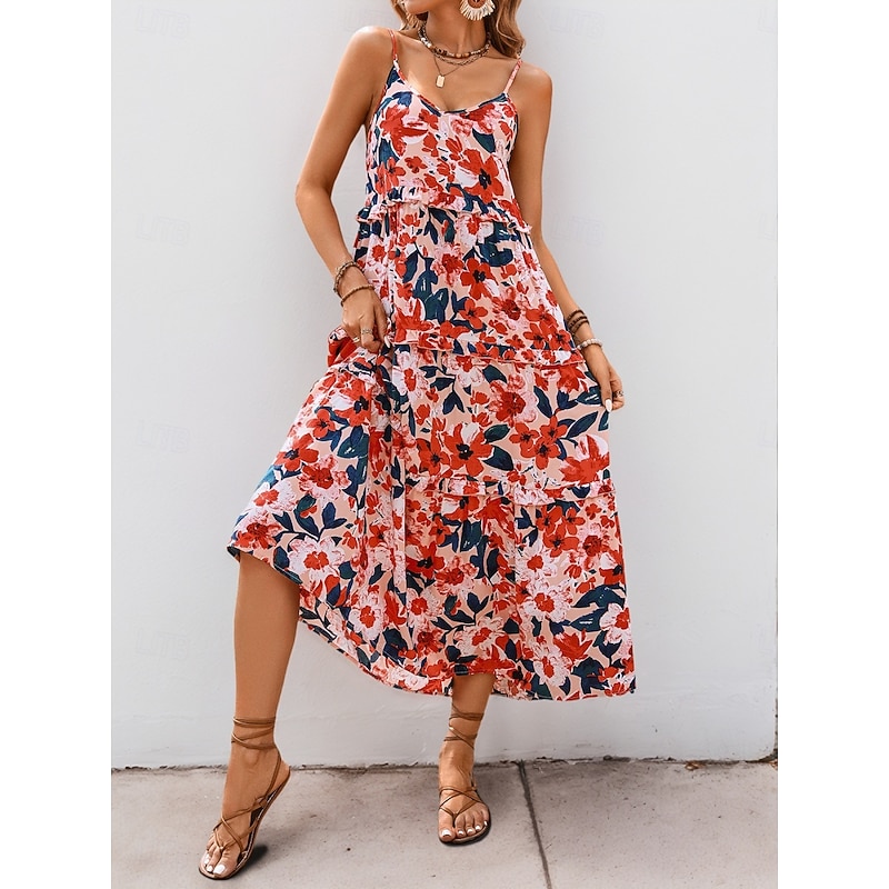 Women's Maxi Dress Casual Dress Swing Dress A Line Dress Stylish Casual Vacation Daily Regular Fit Floral Sleeveless Strap Orange Summer3